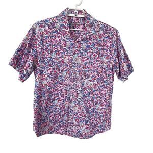 Alan Flusser‎ Men's L Floral Button-Up Shirt Pink Purple Teal Short Sleeve